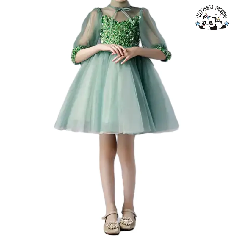 LEZONKIDS - Summer Elegant High quality beading Puff Sequin Tulle evening girls dresses for party